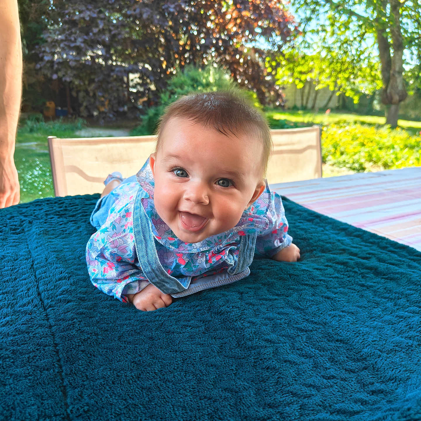 Adèle participe au concours pour gagner de l'argent avec cette photo : baby, backyard, clothing, crawling, face, furniture, grass, happy, head, nature, outdoors, pants, park, person, photography, plant, portrait, tree, vegetation, yard