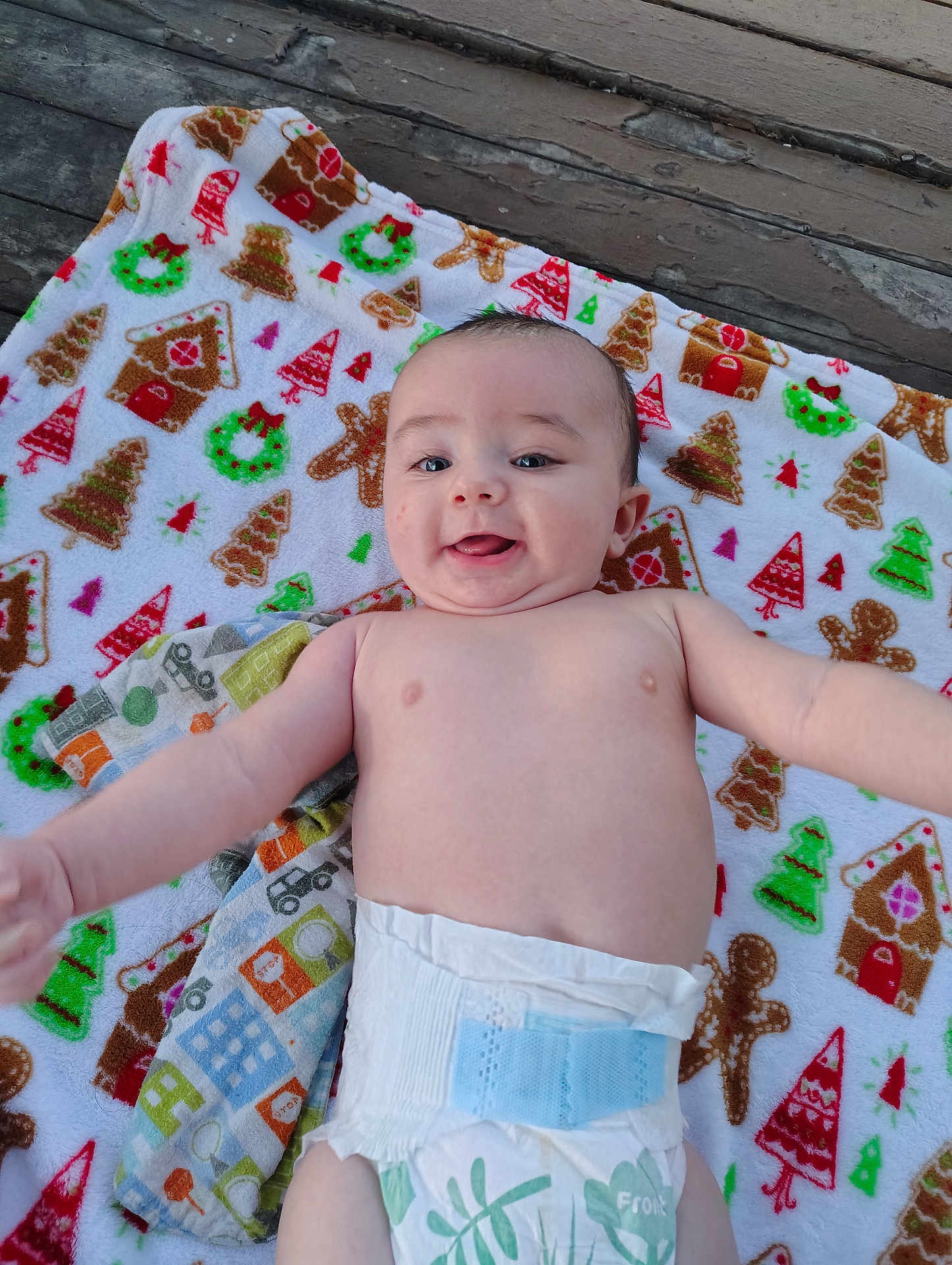 Morgan joined the competition — help win amazing prizes! baby, infant, diaper, blanket, holiday_theme, christmas, gingerbread, wreath, tree, wooden_floor, smile, face, arms, person, cute, happy, lying_down, indoors, child, skin