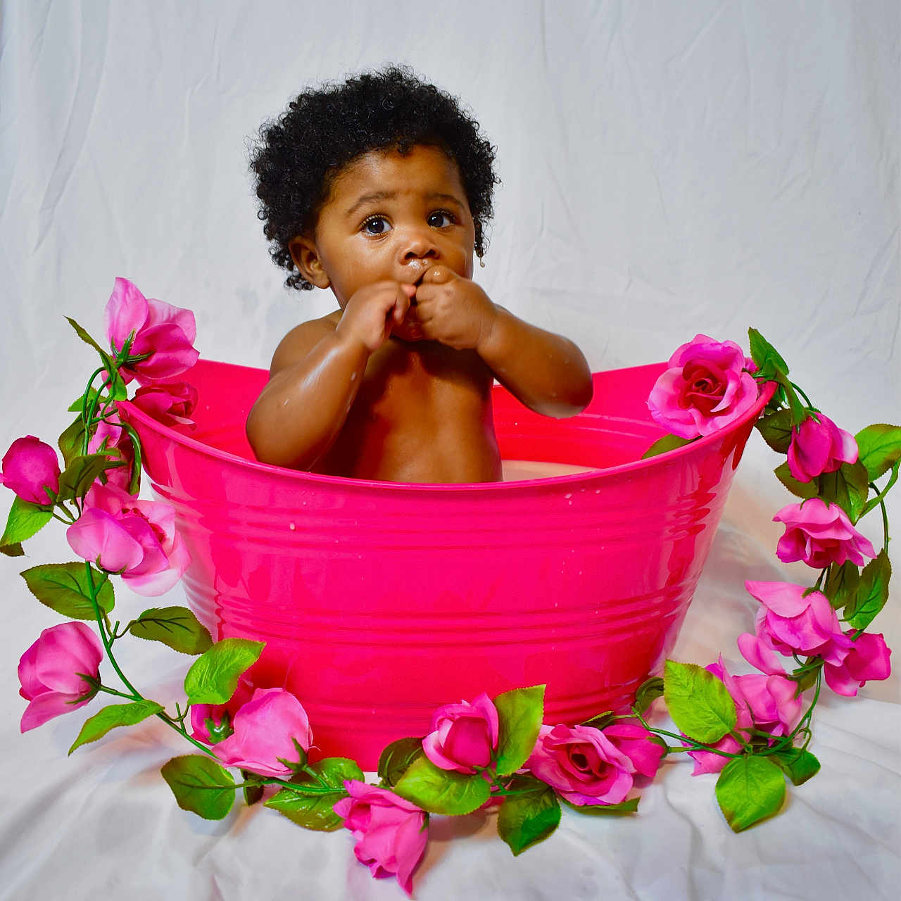Raegan joined the competition — help win amazing prizes! baby, back, bathing, bathtub, bodypart, face, finger, flower, flowerarrangement, flowerbouquet, hand, head, leaf, person, petal, photography, plant, portrait, rose, tub