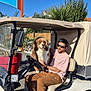 man, dog, golf_cart, outdoor, sunny, sunglasses, casual_clothing, brown_dog, fluffy_dog, vehicle, pavement, greenery, plant, red_planter, blue_sky, relaxation, pet, leisure, seating, smile