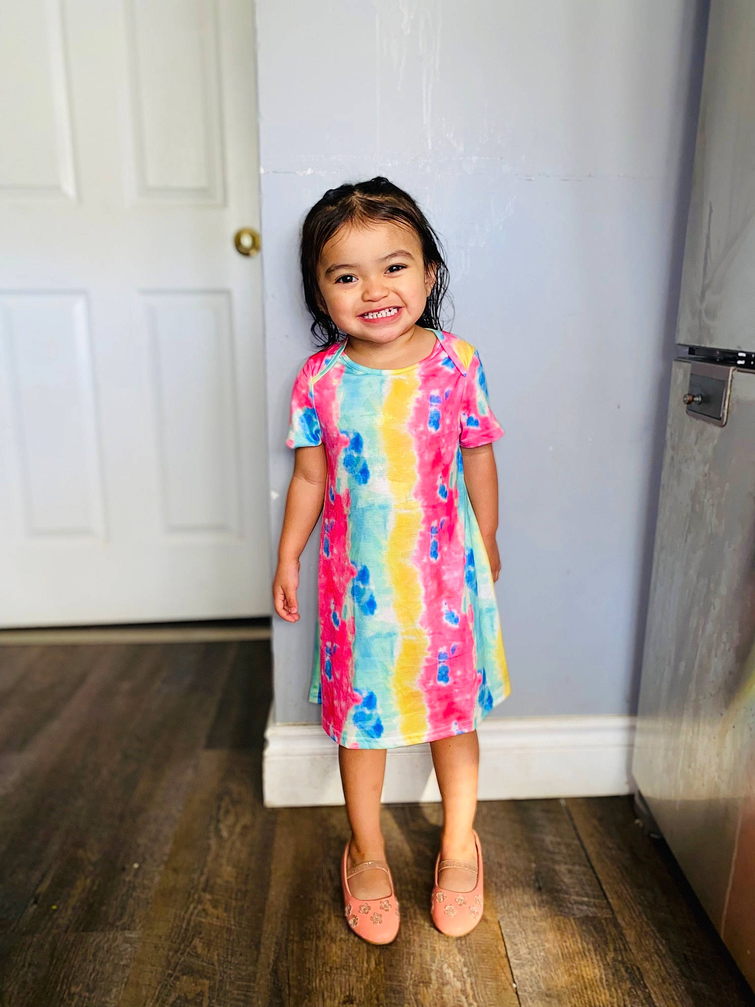 Emani joined the competition — help win amazing prizes! baby_toddler_clothing, day_dress, door, dress, electric_blue, fashion_design, flash_photography, floor, flooring, fun, happy, joy, magenta, one_piece_garment, pattern, person, shoe, sleeve, smile, toddler