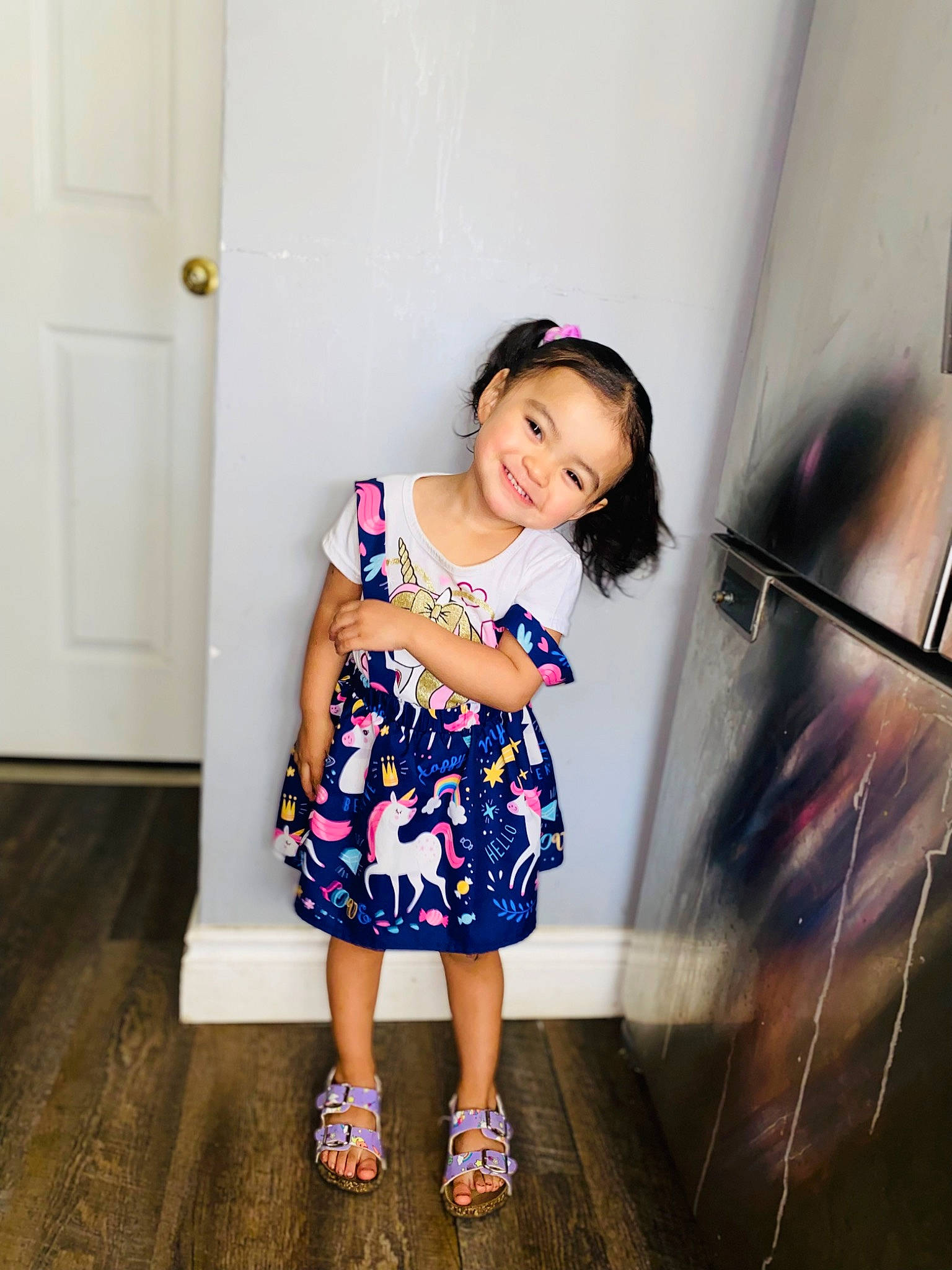 Emani joined the competition — help win amazing prizes! child, day_dress, dress, electric_blue, eye, fashion_design, flash_photography, floor, flooring, happy, human_leg, joy, leg, magenta, one_piece_garment, person, shoe, smile, stairs, thigh