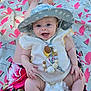 accessory, baby, beach, blanket, child, clothing, cute, diaper, feet, flamingo, happy, hat, legs, outdoor, person, sitting, smiling, summer, sunhat, watermelon