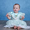 Eleanor is registered to the contest to win money with this photo: baby, background, barefoot, blue_dress, child, curly_hair, cute, expression, floor, hands, indoor, infant, lace, person, photography, portrait, sitting, smile, studio, young_child