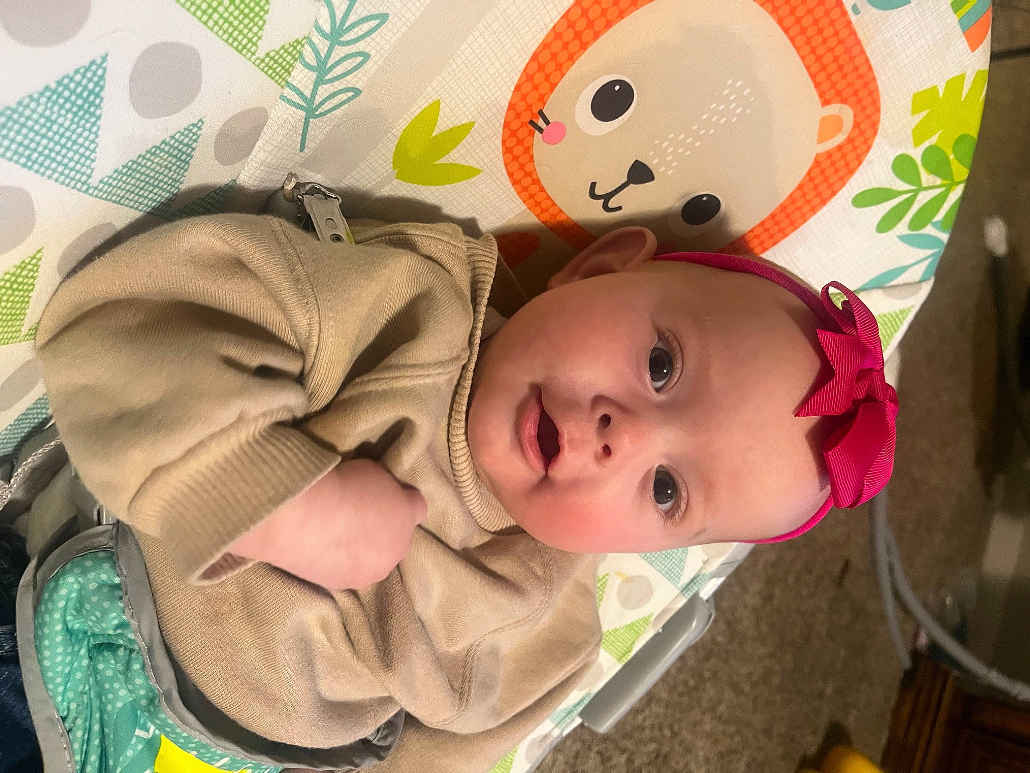 Saige joined the competition — help win amazing prizes! baby, baby_carriage, baby_products, baby_safety, baby_toddler_clothing, baby_toys, cheek, child, fun, green, happy, iris, linens, nose, person, plush, room, skin, stuffed_toy, toddler