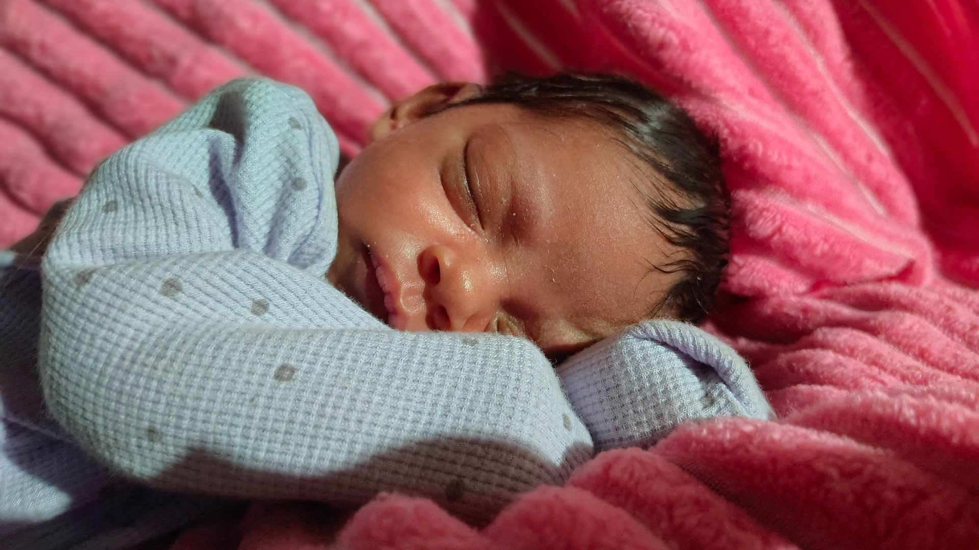May'Lanni is registered to the contest to win money with this photo: baby, sleeping, blanket, pink_blanket, cozy, infant, face, closed_eyes, soft_texture, resting, child, cute, peaceful, newborn, portrait, wrapped, warm, indoor, relaxation, toddler