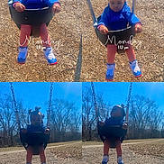 Winter joined the competition — help win amazing prizes! child, toddler, swing, playground, outdoor, blue_clothing, pink_pants, sneakers, wood_chips, trees, sky, daytime, collage, time_stamp, hair_buns, park, play, fun, cute, smiling