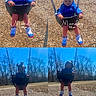 child, toddler, swing, playground, outdoor, blue_clothing, pink_pants, sneakers, wood_chips, trees, sky, daytime, collage, time_stamp, hair_buns, park, play, fun, cute, smiling