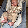 baby, infant, smile, baby_seat, clothing, checkered_pattern, foot, hand, face, cushion, fabric, indoor, comfort, child, person, cute, relaxing, happy, skin, head