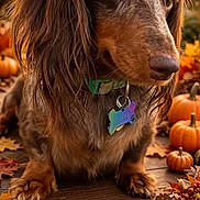Lacee joined the competition — help win amazing prizes! dog, dachshund, pet, animal, long_hair, brown_fur, portrait, autumn, fall, pumpkins, leaves, outdoor, wooden_surface, warm_lighting, golden_hour, festive, seasonal, collar, dog_tag, text_overlay