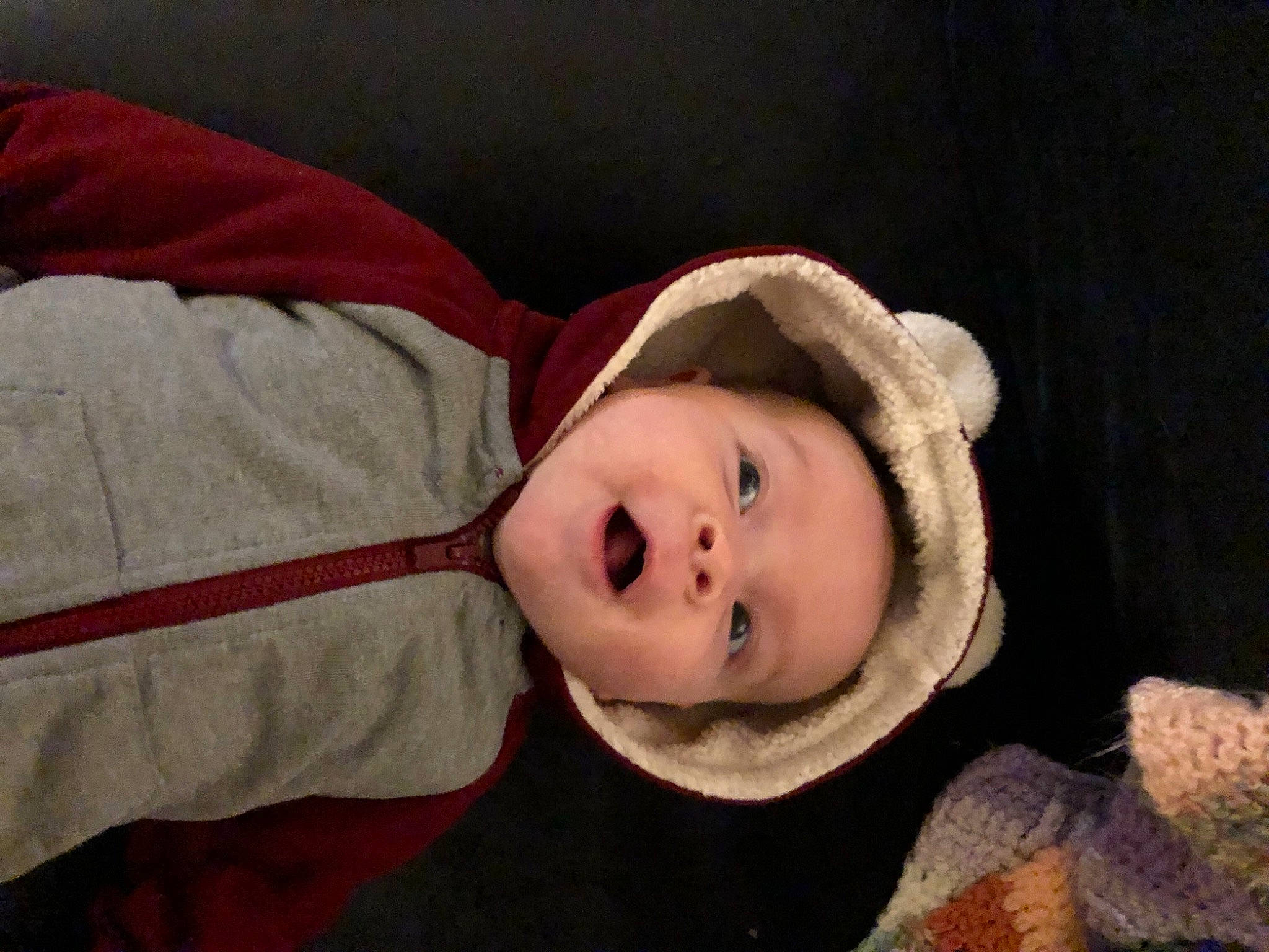 June joined the competition — help win amazing prizes! baby, baby_toddler_clothing, cheek, child, comfort, eyebrow, eyelash, fun, fur, hat, headwear, jacket, nose, person, polar_fleece, portrait_photography, room, sleeve, smile, toddler