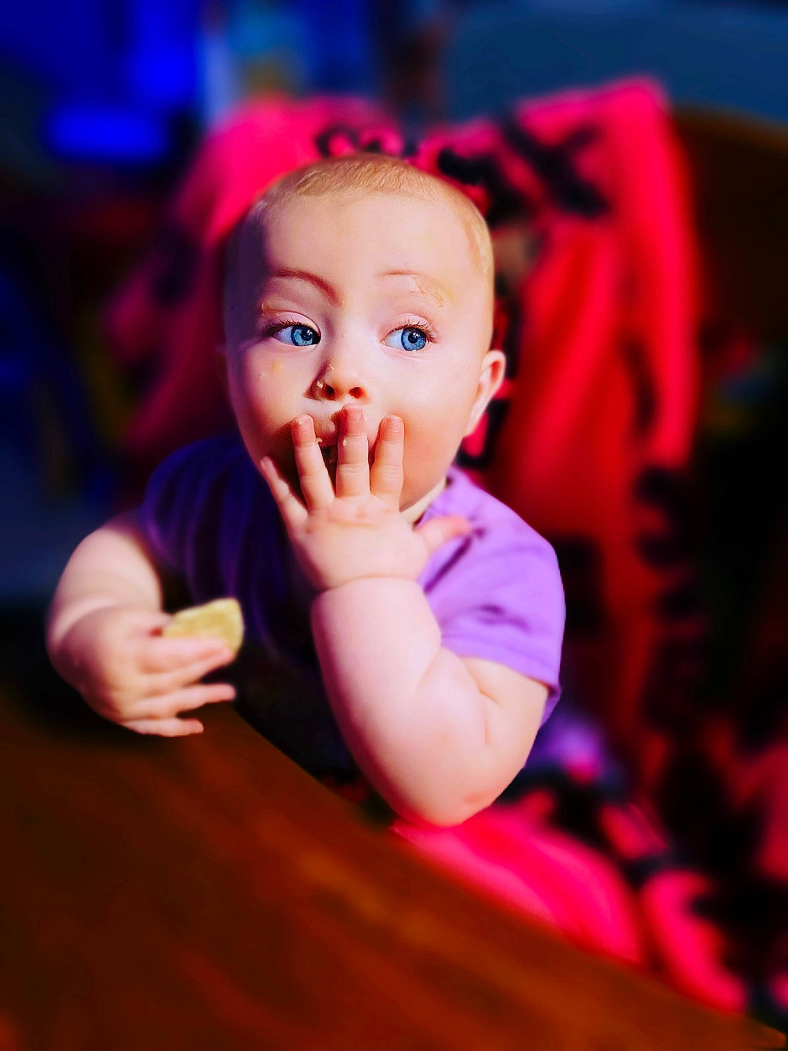 Rowey is registered to the contest to win money with this photo: baby, baby_toddler_clothing, cheek, child, electric_blue, finger, flash_photography, flooring, fun, happy, iris, lip, nose, performing_arts, person, pink, purple, skin, thumb, toddler