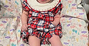 Azalea is registered to the contest to win money with this photo: baby, black_hair, blanket, child, comfort, cute, happy, indoors, infant, patterned_blanket, person, plaid_dress, red_bow, sitting, smiling, sock, white_collar, wooden_floor, yellow_shoes, young_child