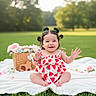 baby, child, smiling, outdoor, grass, blanket, basket, flowers, cute, summer, happy, portrait, greenery, nature, sunlight, fashion, infant, sitting, playful, toddler