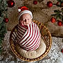 baby, christmas_ornament, cozy, cushion, festive, holiday_theme, infant, newborn, peaceful, pine_branch, portrait, red_bauble, santa_hat, seasonal_decor, sleeping, snowy_floor, striped_wrap, studio_shot, wicker_basket, wrapped