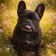 Myrtille participe au concours pour gagner de l'argent avec cette photo : dog, french_bulldog, brindle, tongue_out, sunlight, wildflowers, garden, path, grass, outdoor, cute, pet, animal, portrait, nature, summer, closeup, ears, sitting, daylight