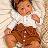 Joel joined the competition — help win amazing prizes! baby, infant, child, portrait, lying_down, curly_hair, headband, bow, dress, skirt, white_shirt, brown_clothing, sandals, flowers, blanket, crochet, indoors, fashion, cute, smiling
