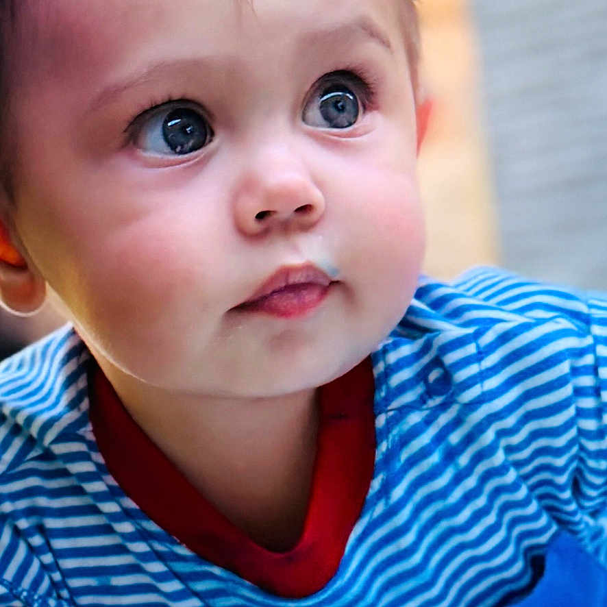 Andrew joined the competition — help win amazing prizes! baby, child, portrait, face, blue_striped_shirt, blanket, outdoor, curious, wide_eyes, infant, closeup, soft_texture, cute, young_child, expression, natural_light, baby_hand, red_collar, grass, background_blur