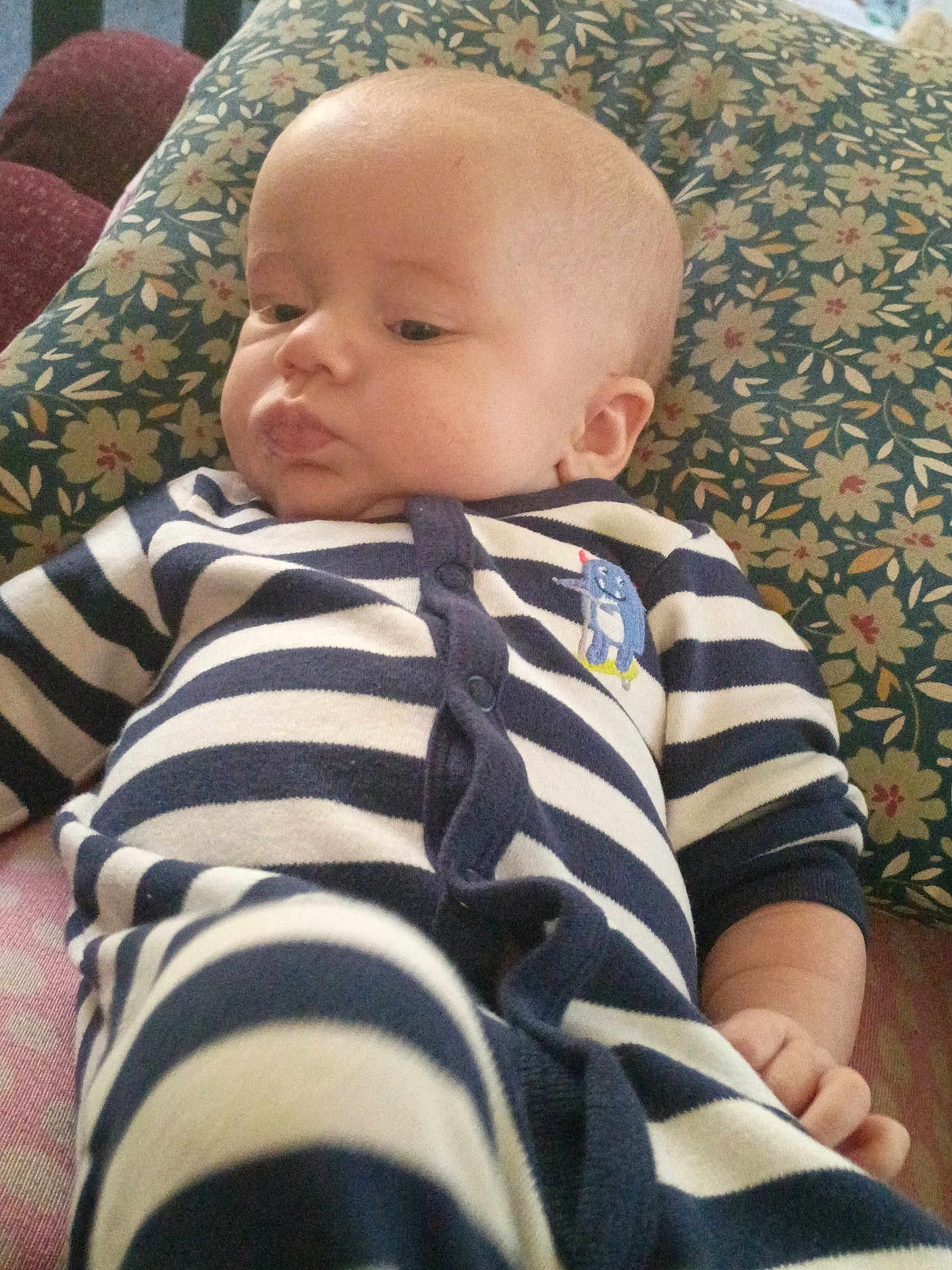 Robby joined the competition — help win amazing prizes! baby, infant, striped_clothing, onesie, couch, pillow, floral_pattern, hand, face, head, skin, person, indoors, comfort, relaxing, cute, child, young, sleepwear, soft