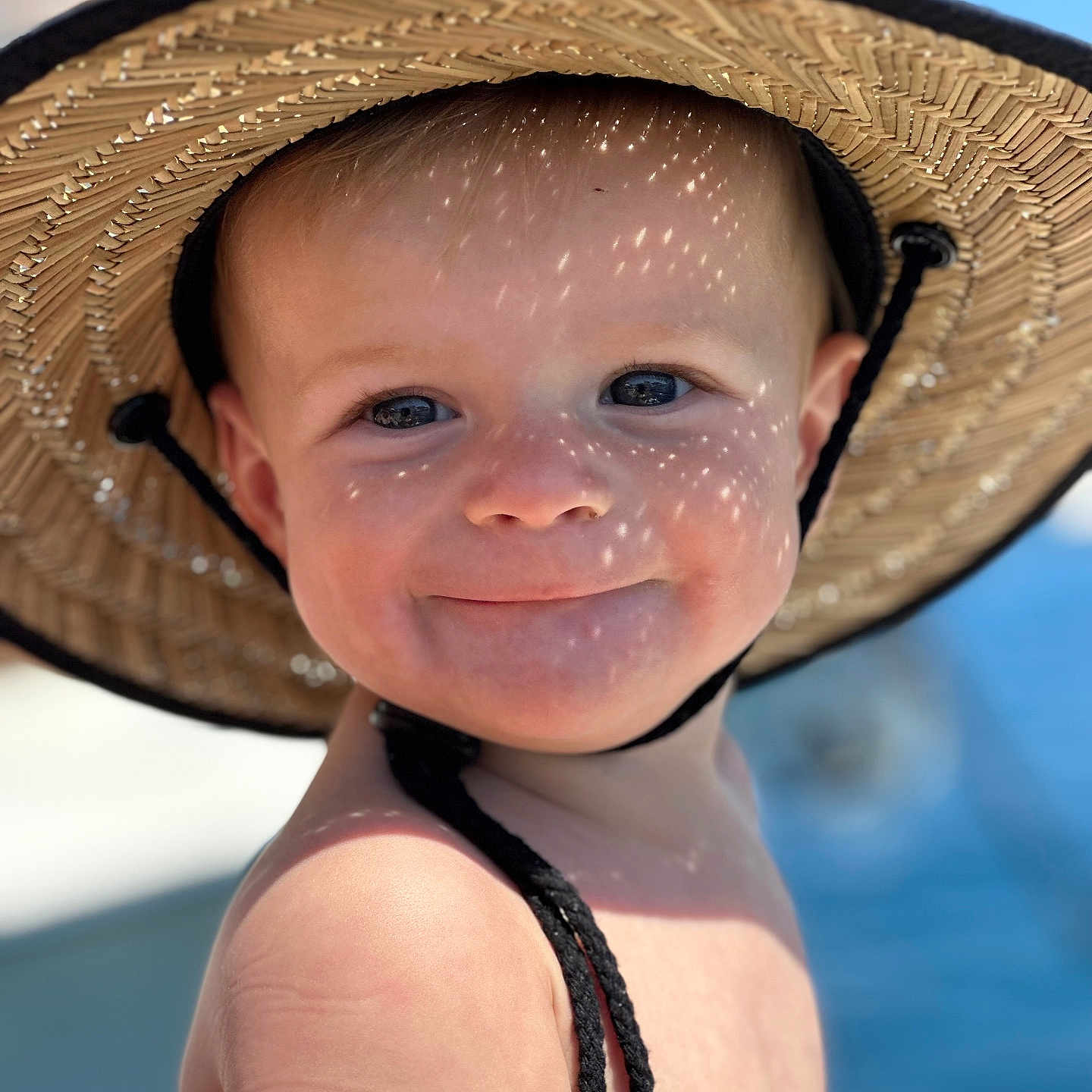 Stephen is registered to the contest to win money with this photo: baby, bodypart, bonnet, cap, clothing, countryside, cowboyhat, face, finger, hand, happy, hat, head, person, photography, portrait, smile, summer, sunhat, swimwear