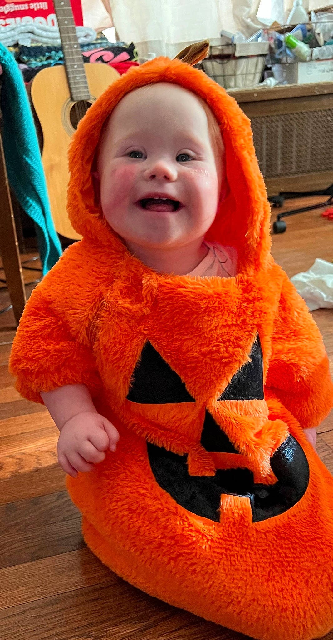 Jagger joined the competition — help win amazing prizes! art, baby, baby_laughing, baby_toddler_clothing, calabaza, cheek, child, costume, facial_expression, fictional_character, flooring, fun, happy, laugh, mouth, orange, person, sleeve, smile, toddler