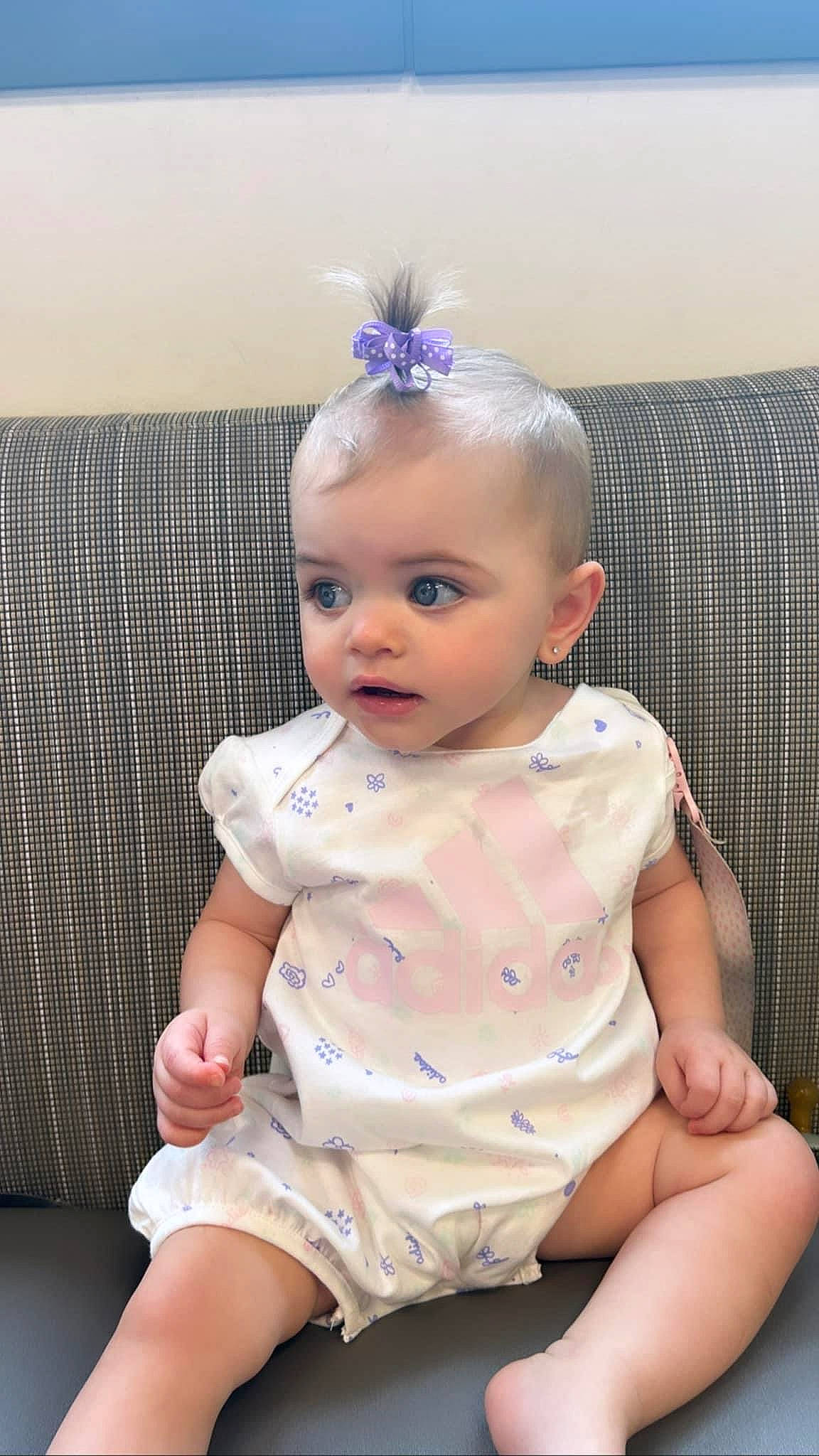 Aleena joined the competition — help win amazing prizes! baby, baby_toddler_clothing, blue, cheek, child, chin, couch, eye, eyelash, headband, headpiece, iris, jewellery, lip, person, pink, purple, skin, sleeve, thigh