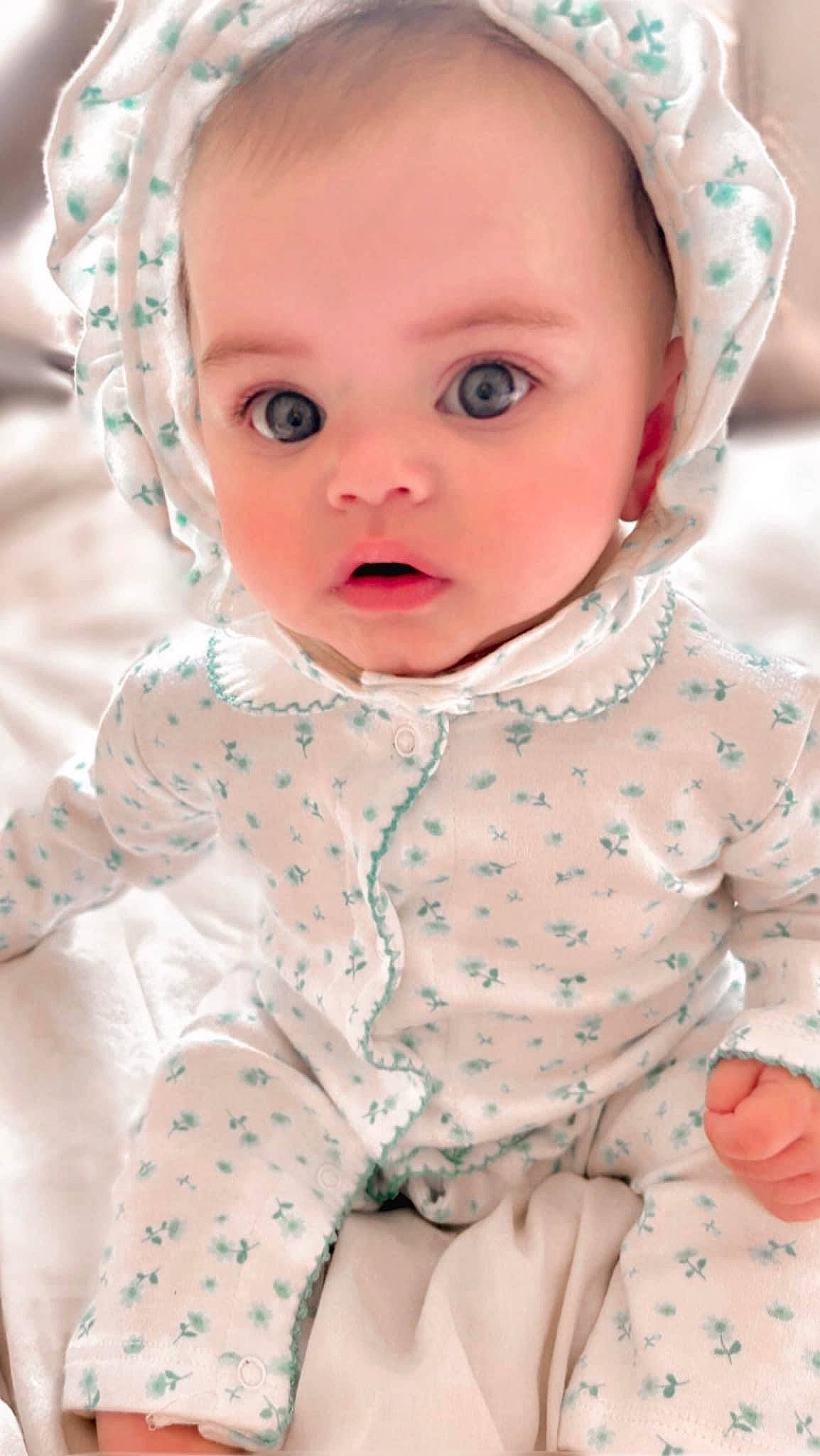 Aleena is registered to the contest to win money with this photo: baby, baby_toddler_clothing, cheek, child, collar, dress, dress_shirt, eye, eyelash, face, iris, lip, nose, organ, pattern, person, pink, skin, sleeve, surprise