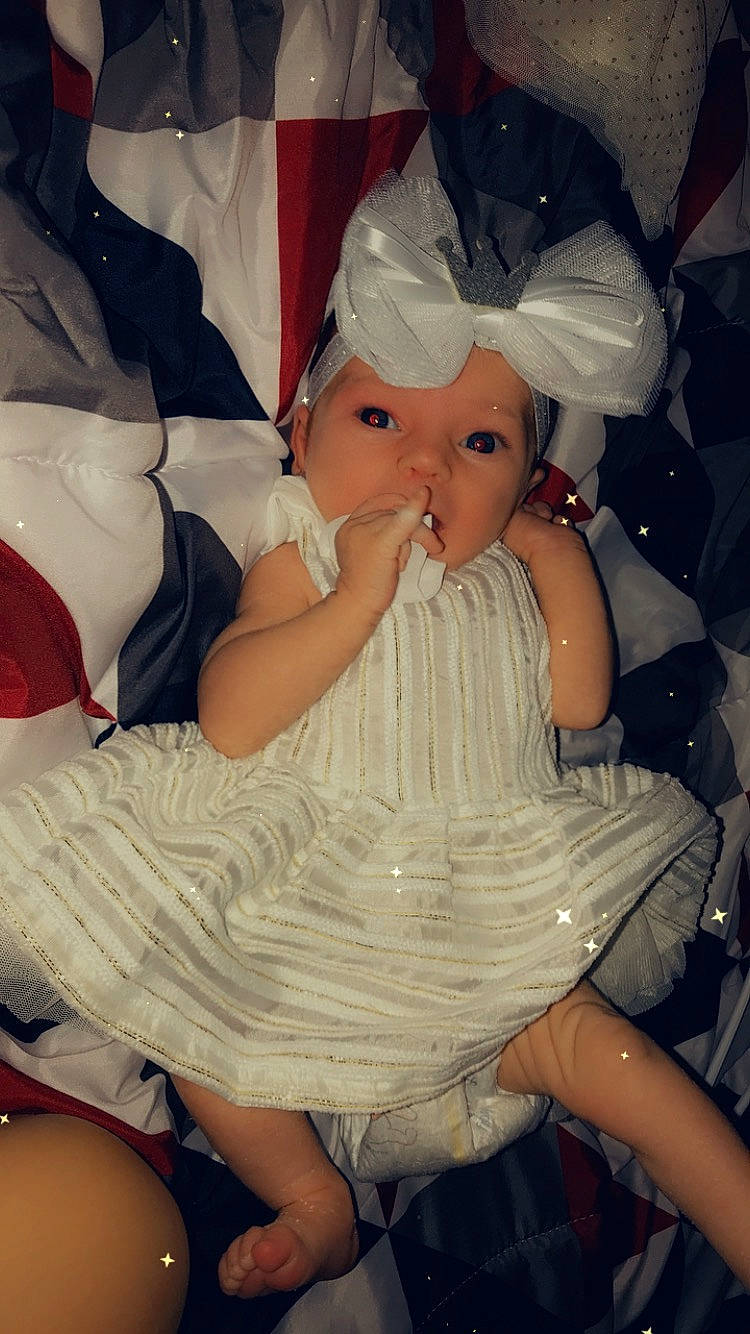 Aleigha is registered to the contest to win money with this photo: baby_toddler_clothing, dress, eyelash, finger, flash_photography, gesture, happy, hat, headwear, human_leg, lap, leg, mouth, muscle, person, sitting, skin, thigh, thumb, toddler