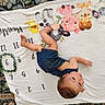 Harper joined the competition — help win amazing prizes! child, toddler, baby, portrait, smiling, lying_down, upside_down, indoor, blanket, milestone_blanket, animal_print, illustration, colorful, clothing, denim, face, hands, feet, rug, playful