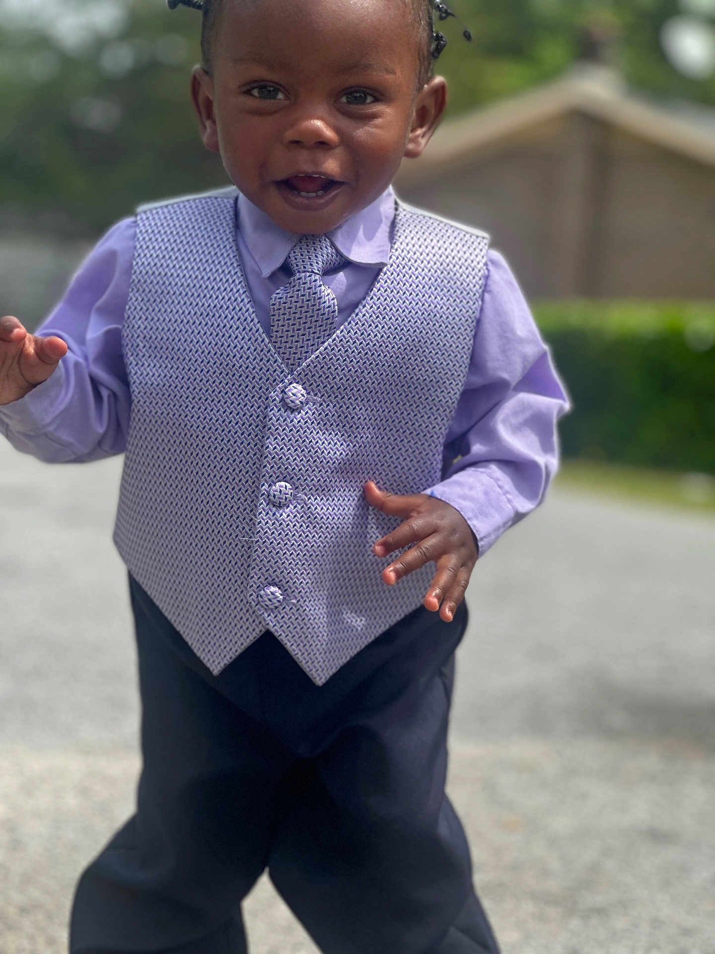 Zymir joined the competition — help win amazing prizes! toddler, child, smiling, vest, tie, shirt, outdoor, portrait, person, happy, fashion, clothing, walking, young_child, daylight, background, nature, grass, house, cute