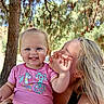 child, toddler, woman, blonde_hair, smile, outdoor, tree, sunlight, nature, portrait, happy, cute, person, clothing, pink_shirt, fish_graphic, face, hair, playing, family