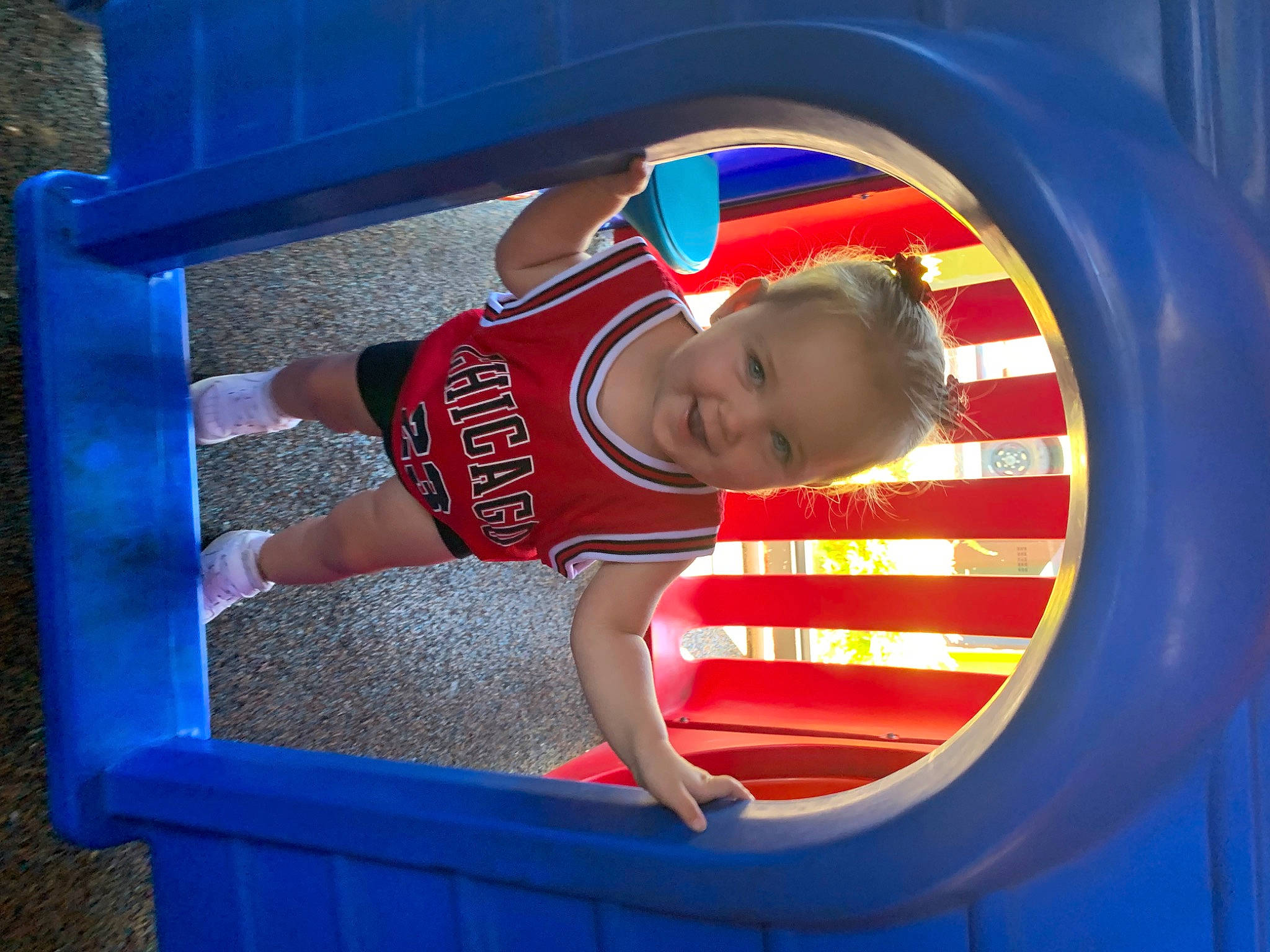 Savannah joined the competition — help win amazing prizes! baby_toddler_clothing, balance, blue, child, chute, city, electric_blue, fun, happy, leisure, outdoor_play_equipment, person, play, playground, recreation, red, smile, t_shirt, toddler