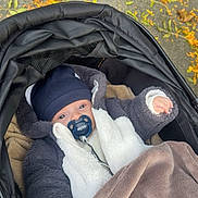 Zayn participe au concours pour gagner de l'argent avec cette photo : baby, stroller, pacifier, hat, jacket, blanket, autumn, leaves, outdoor, child, cute, warm_clothing, infant, cozy, fall, pavement, person, baby_clothes, relaxing, wrapped