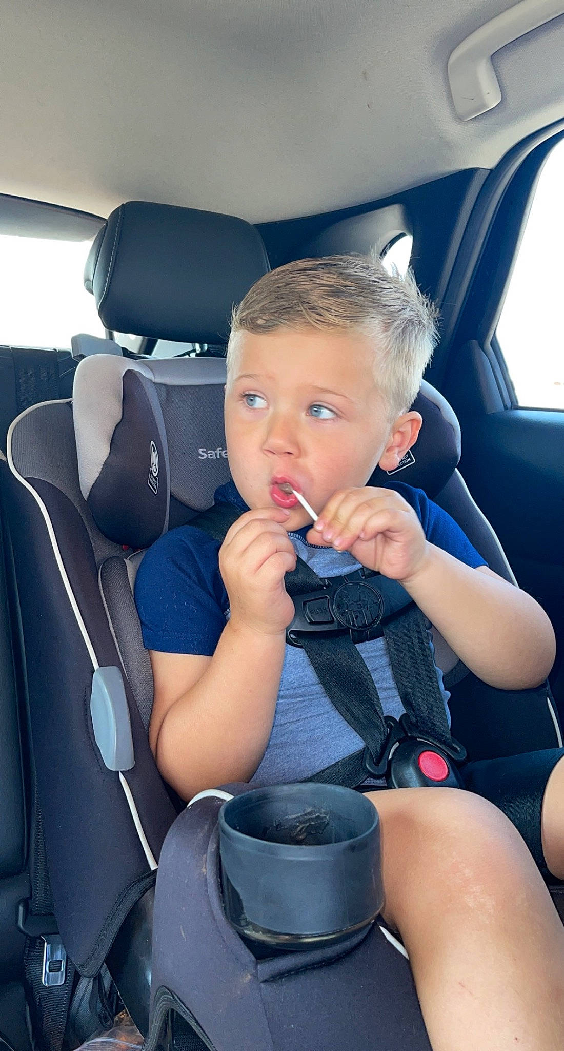 Tanner joined the competition — help win amazing prizes! auto_part, automotive_design, automotive_exterior, car, car_seat, car_seat_cover, comfort, electric_blue, family_car, head_restraint, motor_vehicle, person, personal_luxury_car, plant, seat_belt, steering_part, steering_wheel, surprise, toddler, vehicle