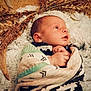 baby, newborn, blanket, swaddled, infant, face, hand, lying_down, looking_up, fluffy_rug, dried_plants, natural_decor, cozy, soft_texture, portrait, cute, peaceful, child, indoors, warm_colors