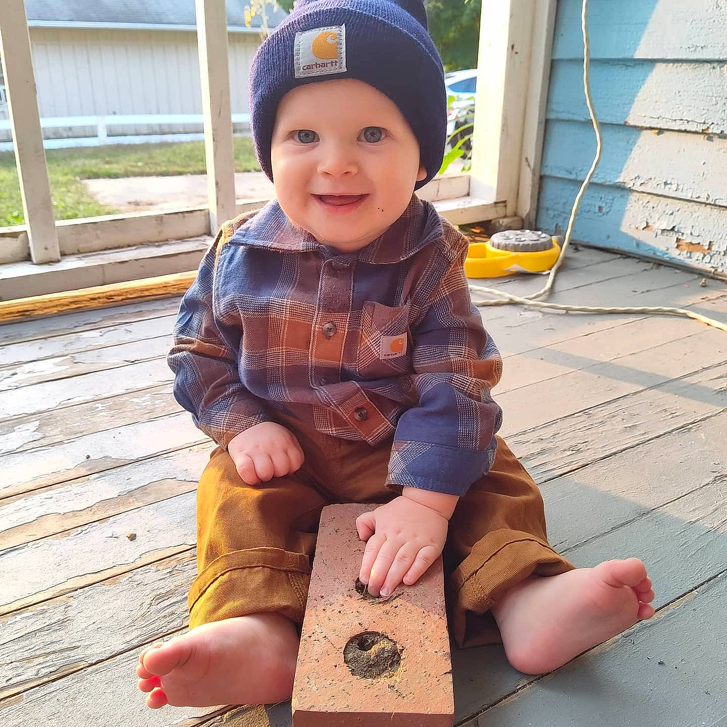 Riley is registered to the contest to win money with this photo: baby, baby_toddler_clothing, child, headgear, headwear, joy, person, play, sitting, smile, toddler