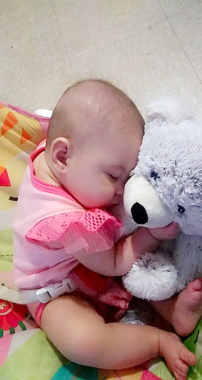 Rosalee joined the competition — help win amazing prizes! baby, baby_products, cheek, child, eye, fur, head, interaction, nose, person, pink, plush, product, puppy_love, skin, sleep, stuffed_toy, teddy_bear, textile, toddler