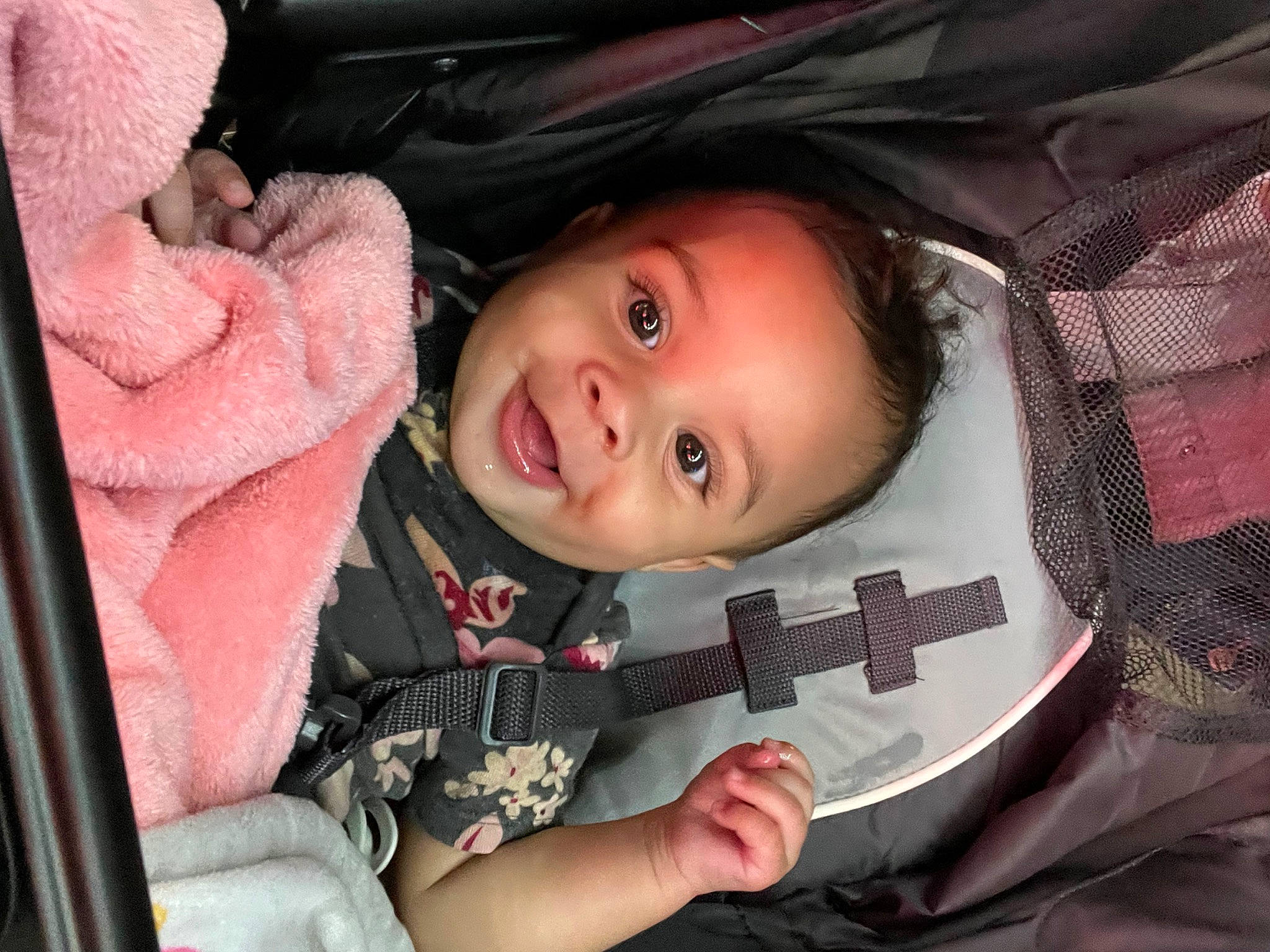 Harlow is registered to the contest to win money with this photo: cheek, chin, eye, eyebrow, facial_expression, hand, iris, joy, leaf, lip, mammal, mouth, nose, outerwear, person, pink, product, skin, smile, toddler