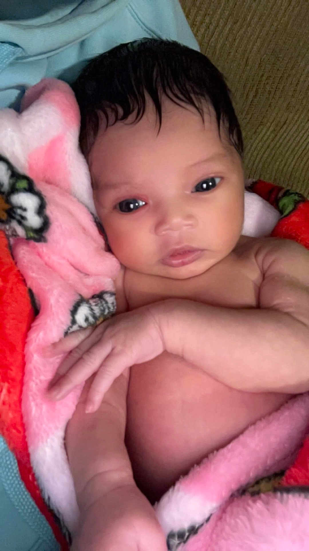 Vie Vie is registered to the contest to win money with this photo: baby, infant, blanket, pink, red, couch, face, hand, skin, portrait, cute, newborn, cozy, soft, child, young, wrapped, indoors, expression, resting