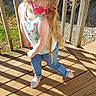 Katarina joined the competition — help win amazing prizes! blond, child, denim, floor, flooring, hardwood, jeans, leg, long_hair, pattern, play, toddler, wood