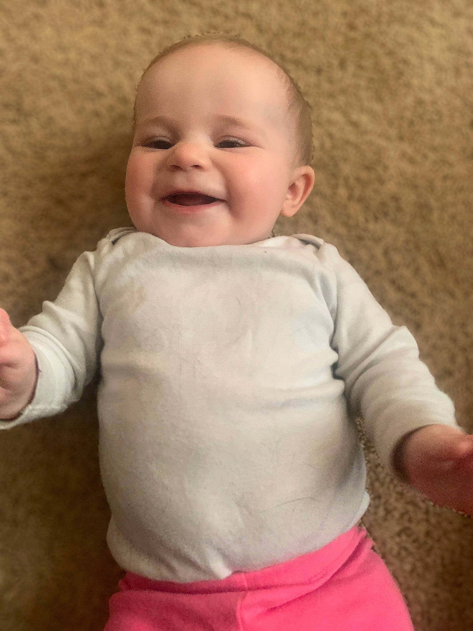 Blakeleigh joined the competition — help win amazing prizes! baby, baby_laughing, baby_toddler_clothing, cheek, child, face, facial_expression, happy, head, laugh, lip, mouth, nose, people, person, pink, skin, sleeve, smile, t_shirt
