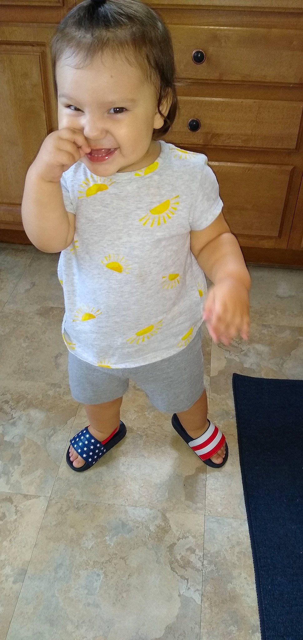Giana joined the competition — help win amazing prizes! baby, baby_toddler_clothing, child, joy, pattern, person, play, sleeve, smile, standing, t_shirt, toddler, yellow