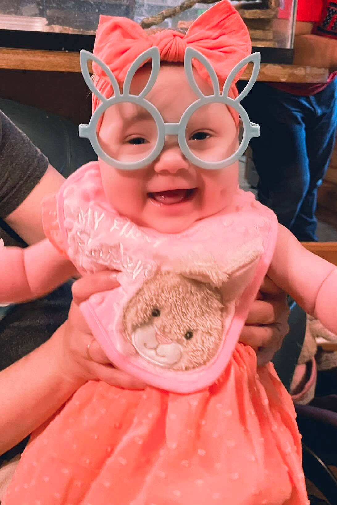 Paizley joined the competition — help win amazing prizes! animation, child, costume, event, eyewear, fawn, fictional_character, finger, fun, fur, gesture, glove, happy, headgear, headwear, mask, peach, person, pink, public_event