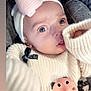 baby, infant, face, eyes, headband, bow, sweater, pacifier, hand, knitted, cozy, cute, portrait, closeup, child, indoor, soft, expression, person, newborn
