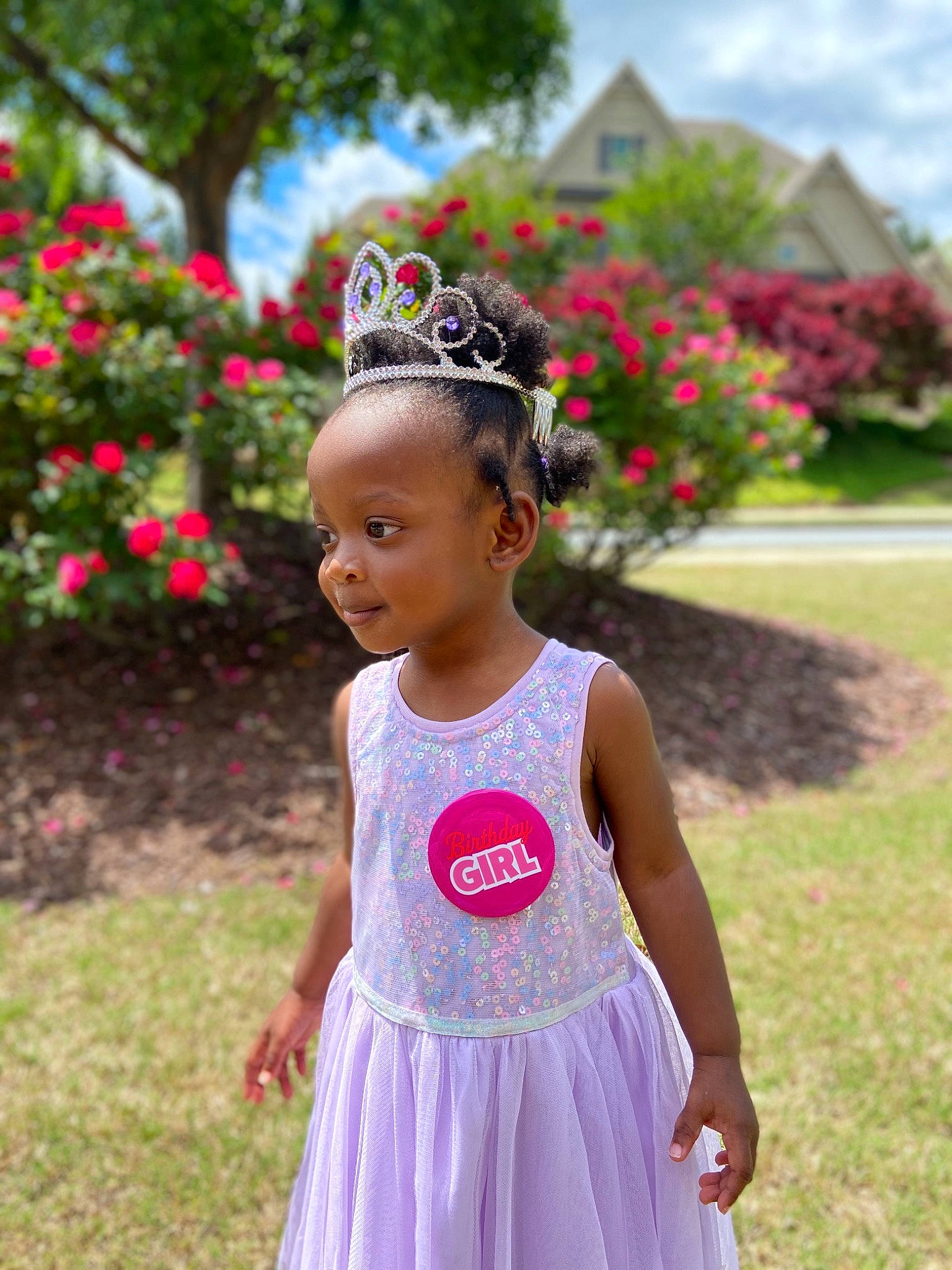 Ava is registered to the contest to win money with this photo: child, costume, crown, dress, flower, grass, hair_accessory, headpiece, lavender, person, pink, plant, spring, summer, toddler