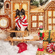 Victor participe au concours pour gagner de l'argent avec cette photo : dog, shetland_sheepdog, bow, sled, gingerbread_house, nutcracker, gift_box, candy_cane, snow, holiday, christmas, decorations, festive, red_bow, wooden_sled, fluffy_snow, winter, indoor, celebration, cute