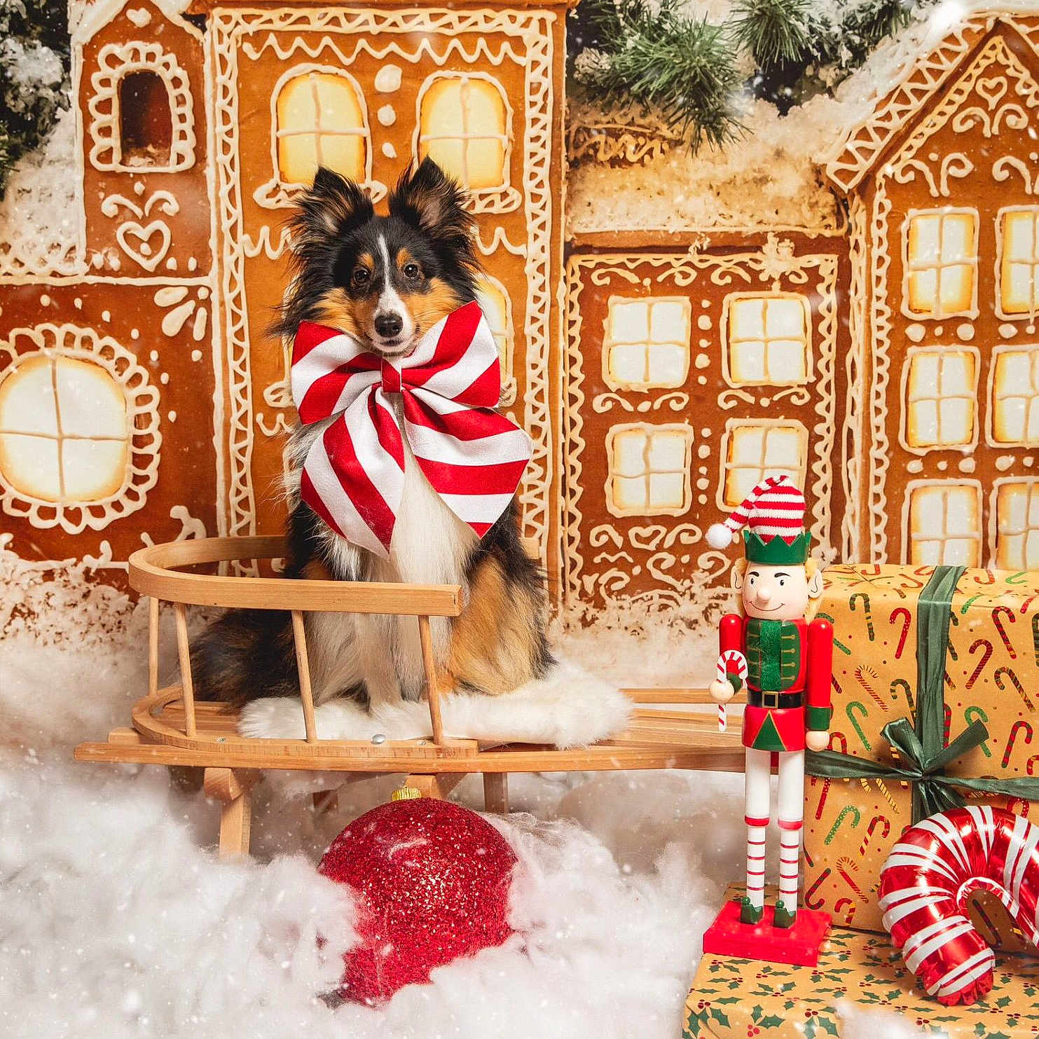 Victor participe au concours pour gagner de l'argent avec cette photo : bow, candy_cane, celebration, christmas, cute, decorations, dog, festive, fluffy_snow, gift_box, gingerbread_house, holiday, indoor, nutcracker, red_bow, shetland_sheepdog, sled, snow, winter, wooden_sled