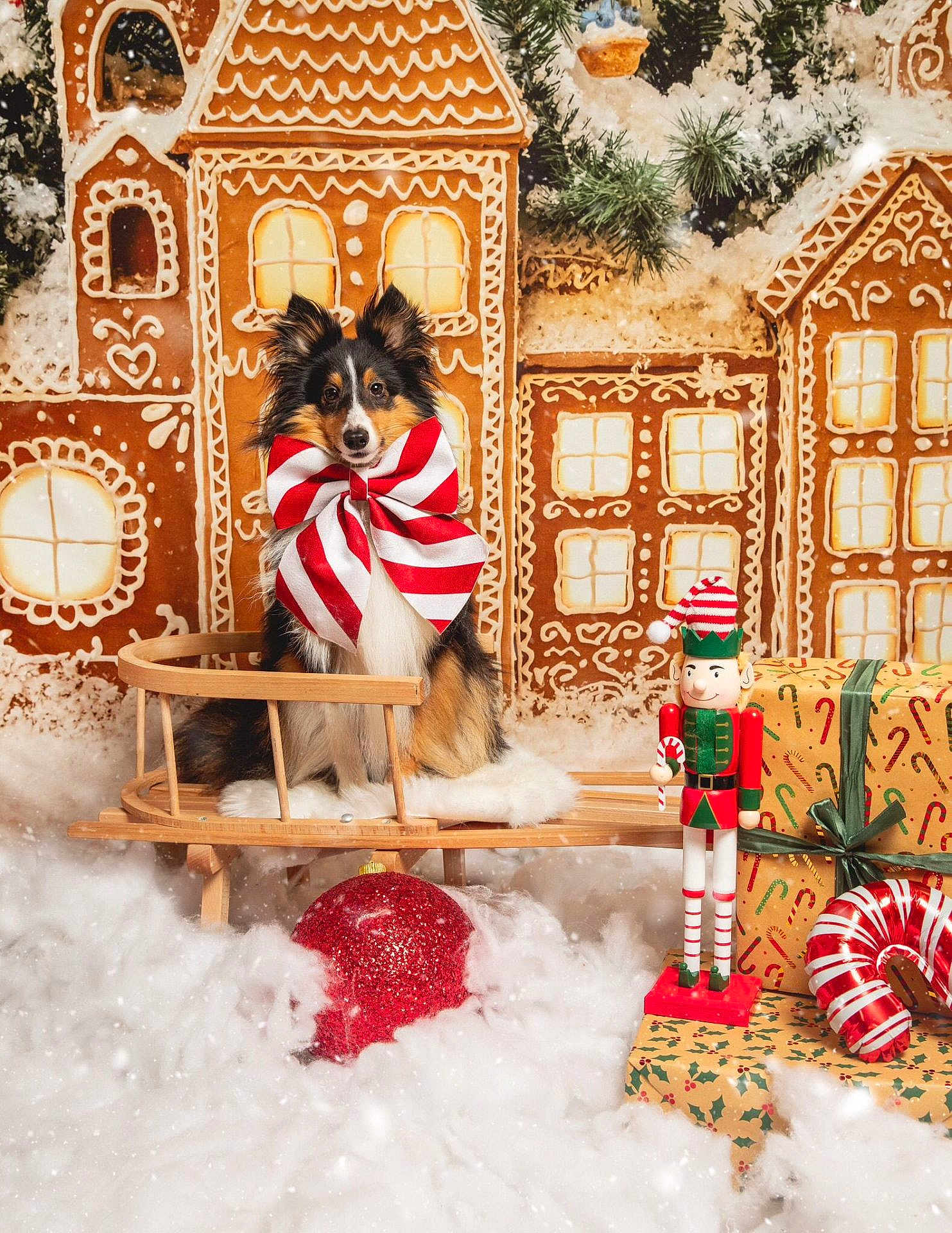 Victor participe au concours pour gagner de l'argent avec cette photo : dog, shetland_sheepdog, bow, sled, gingerbread_house, nutcracker, gift_box, candy_cane, snow, holiday, christmas, decorations, festive, red_bow, wooden_sled, fluffy_snow, winter, indoor, celebration, cute