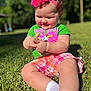 baby, bodypart, clothing, dress, face, finger, flower, flowerarrangement, geranium, grass, hand, head, lawn, person, petal, photography, plant, portrait, shorts, summer