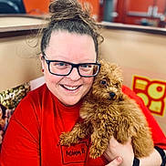 Emmy joined the competition — help win amazing prizes! person, dog, puppy, smiling, eyeglasses, red_shirt, curly_hair, hair_bun, holding, pet, indoor, portrait, brown_fur, small_dog, watch, ring, couch, blurred_background, wall, happy